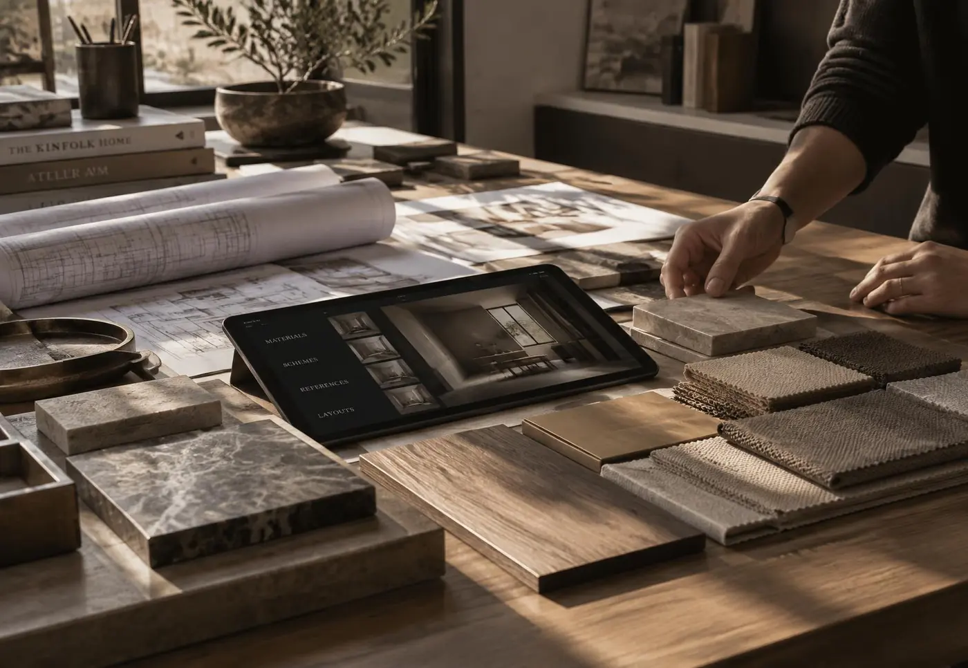 A studio table with drawings, stone and timber samples, a tablet and a laptop showing Nefru